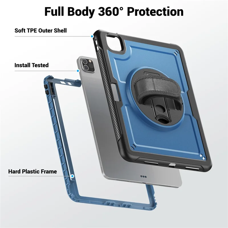 Tablet Case For iPad Air (2022)  /  (2020)  /  Pro 11 (2022)  /  (2021)  /  (2020)  /  (2018) Kickstand PC + TPE Cover with Hand Strap - Navy Blue