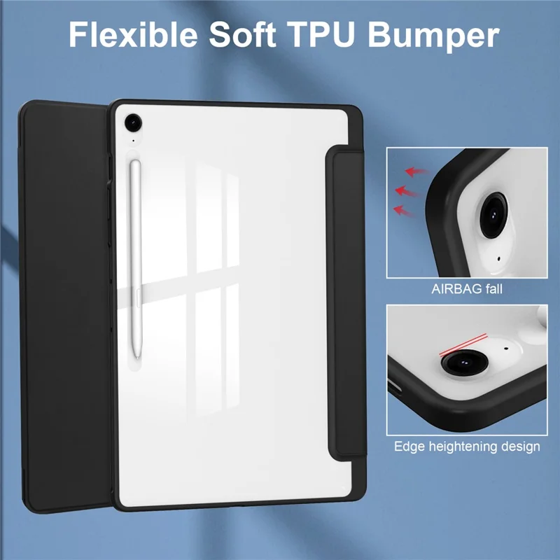 Étui pour Samsung Galaxy Tab S10 FE+ Coque Transparente en Acrylique et Cuir avec Support Veille / Réveil Automatique - Noir