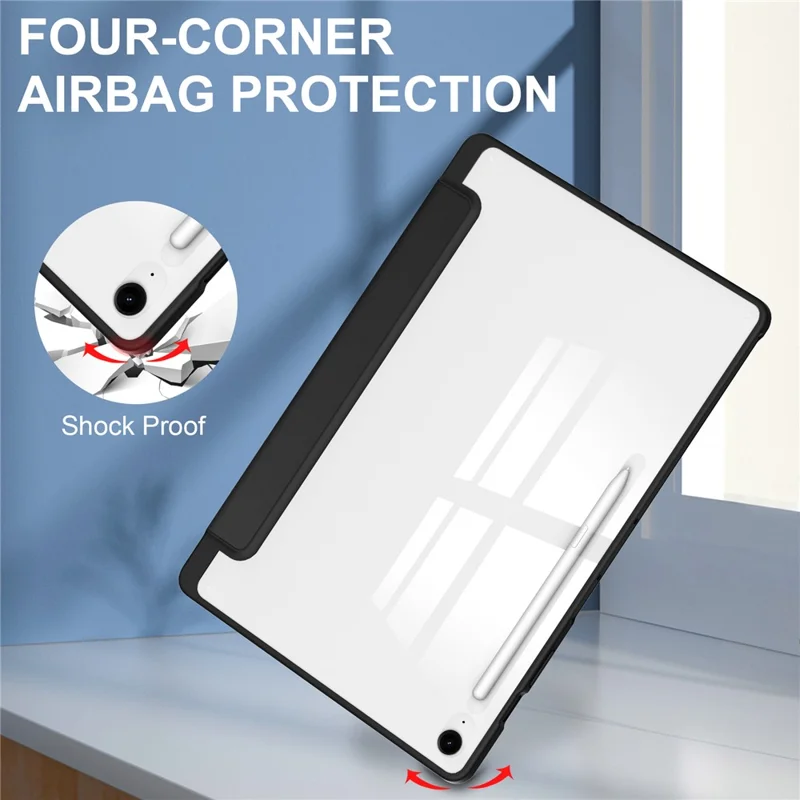 Étui pour Samsung Galaxy Tab S10 FE+ Coque Transparente en Acrylique et Cuir avec Support Veille / Réveil Automatique - Noir