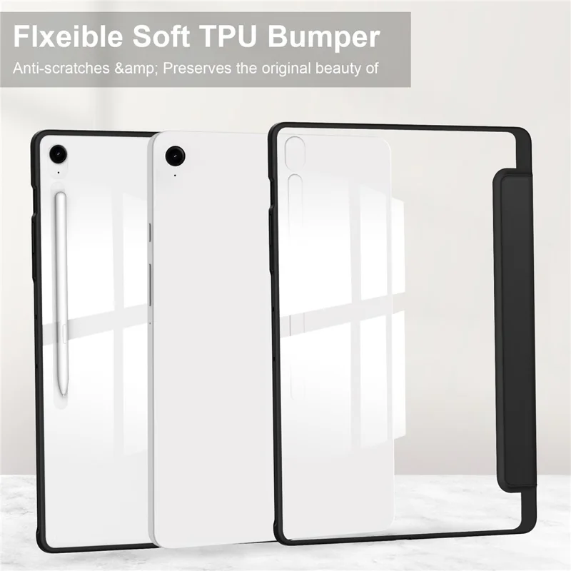 Étui pour Samsung Galaxy Tab S10 FE+ Coque Transparente en Acrylique et Cuir avec Support Veille / Réveil Automatique - Noir