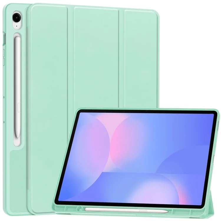 Étui pour Samsung Galaxy Tab S10 FE+ Support Trifolié Couleur Unie en Cuir avec Emplacement pour Stylo - Vert Menthe