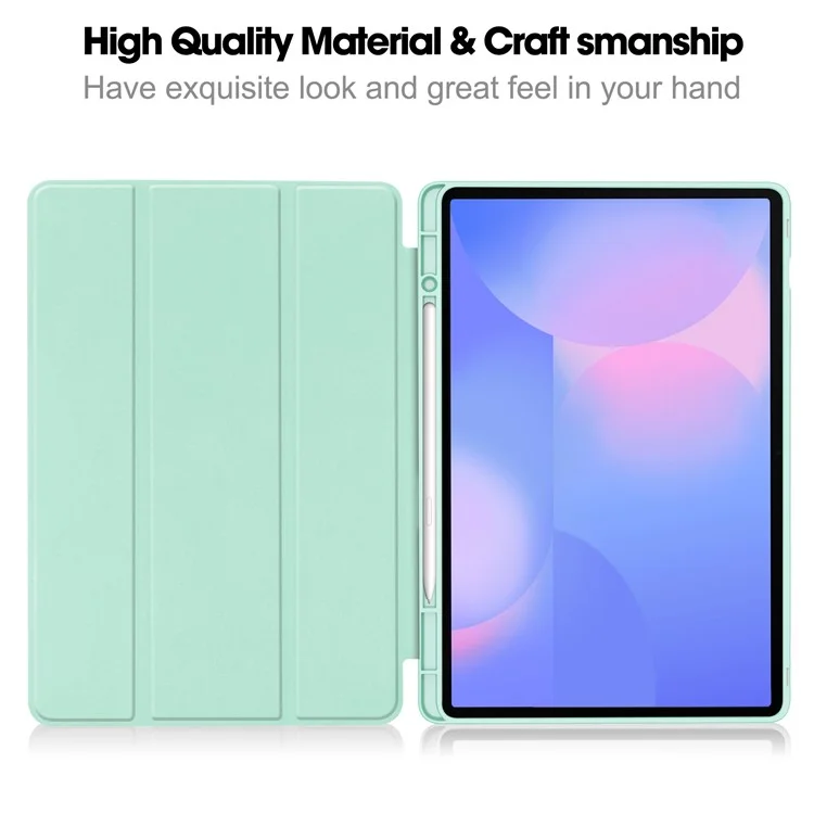 Étui pour Samsung Galaxy Tab S10 FE+ Support Trifolié Couleur Unie en Cuir avec Emplacement pour Stylo - Vert Menthe