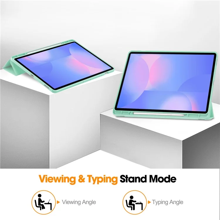 Étui pour Samsung Galaxy Tab S10 FE+ Support Trifolié Couleur Unie en Cuir avec Emplacement pour Stylo - Vert Menthe
