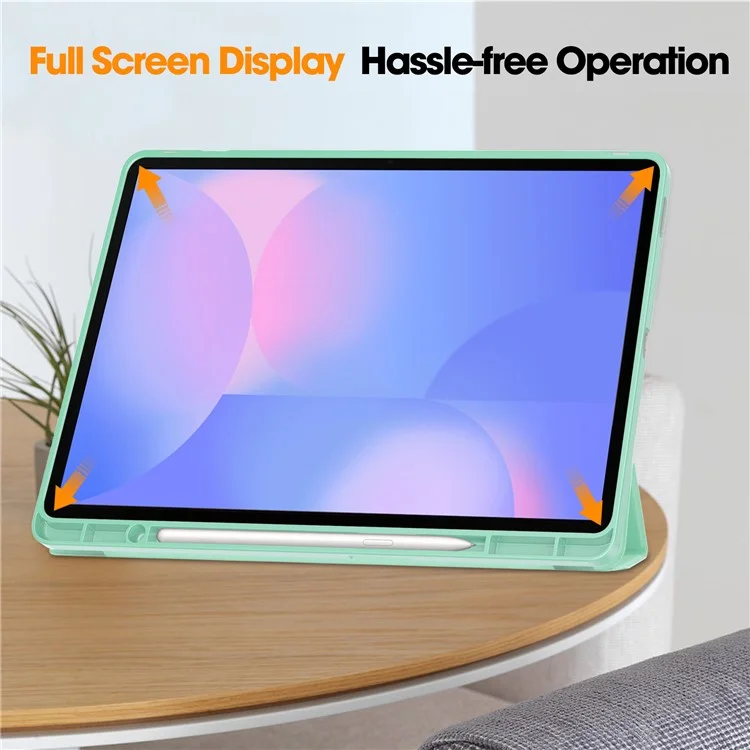 Étui pour Samsung Galaxy Tab S10 FE+ Support Trifolié Couleur Unie en Cuir avec Emplacement pour Stylo - Vert Menthe