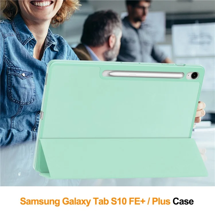 Étui pour Samsung Galaxy Tab S10 FE+ Support Trifolié Couleur Unie en Cuir avec Emplacement pour Stylo - Vert Menthe