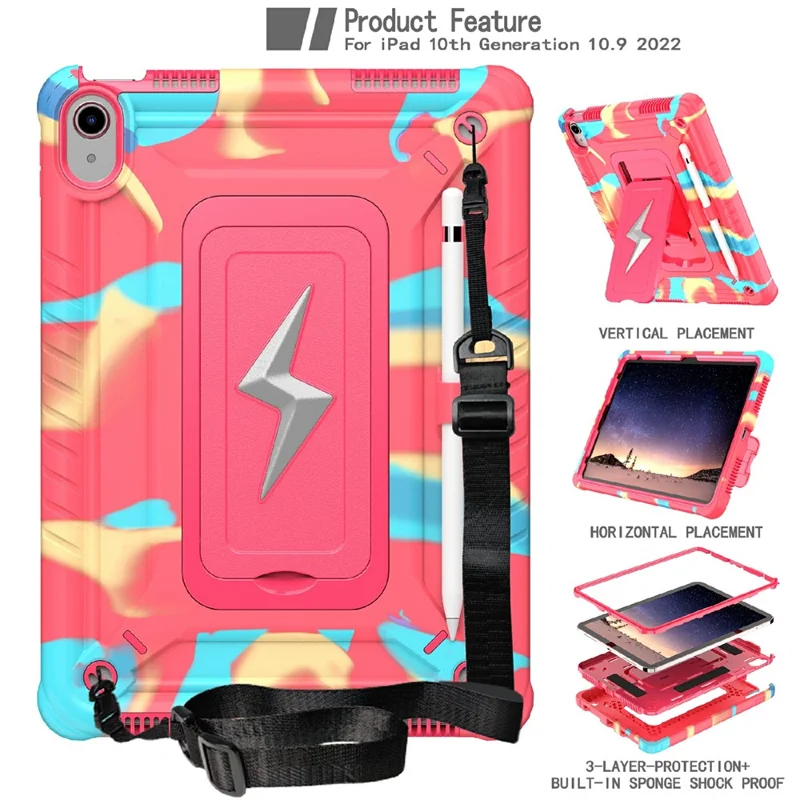 For iPad (2025) / 10.9 (2022) Case Kickstand PC + Silicone Tablet Cover with Shoulder Strap - Camouflage Rose + Rose
