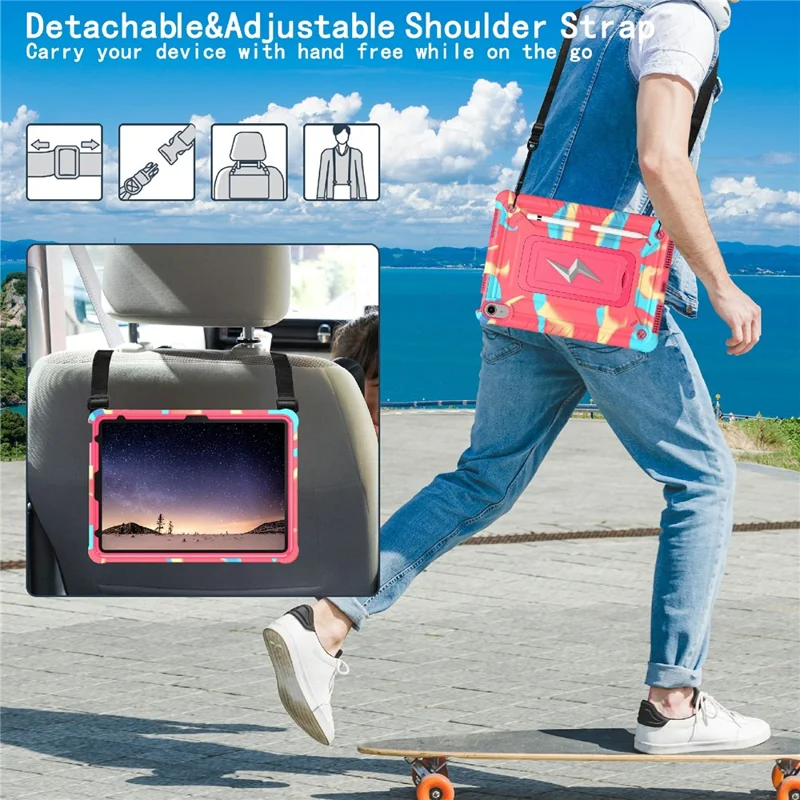 For iPad (2025) / 10.9 (2022) Case Kickstand PC + Silicone Tablet Cover with Shoulder Strap - Camouflage Rose + Rose