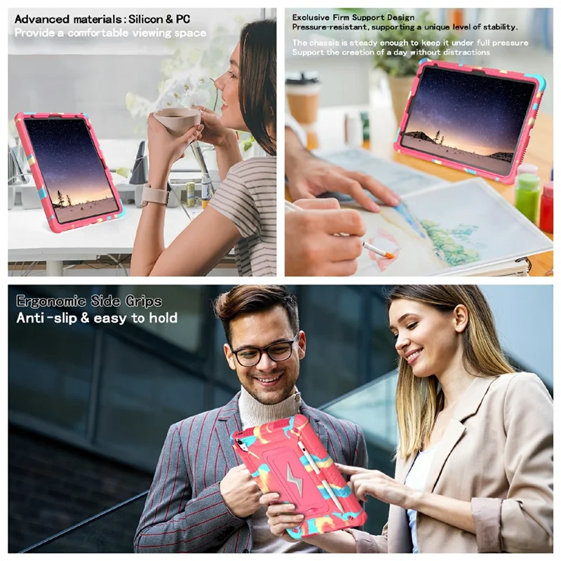 For iPad (2025) / 10.9 (2022) Case Kickstand PC + Silicone Tablet Cover with Shoulder Strap - Camouflage Rose + Rose