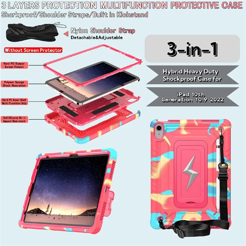 For iPad (2025) / 10.9 (2022) Case Kickstand PC + Silicone Tablet Cover with Shoulder Strap - Camouflage Rose + Rose