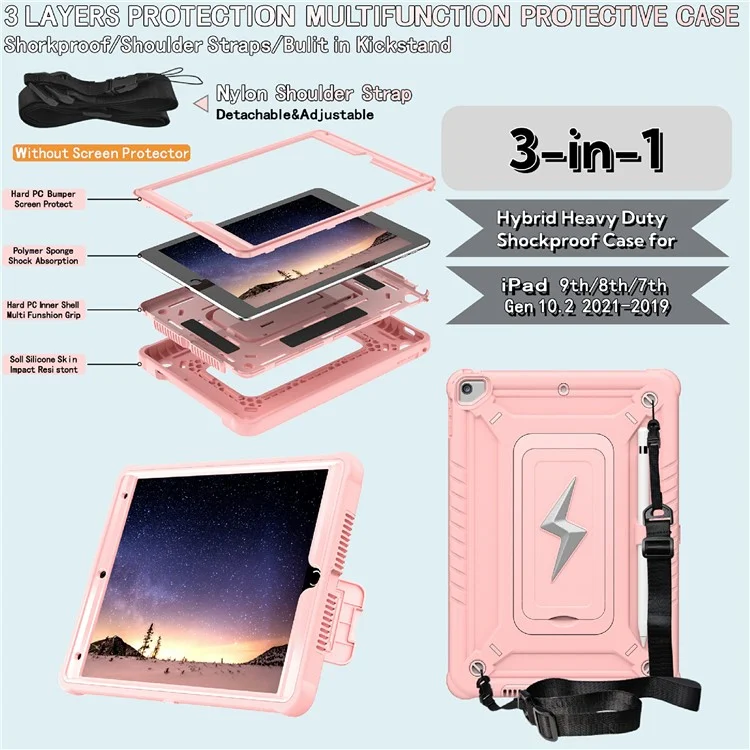 Tablet Hülle für iPad 10.2 (2021) / (2020) / (2019) / Pro 10.5 Zoll (2017) mit Ständer PC + Silikon Schutzhülle mit Schultergurt - Roségold