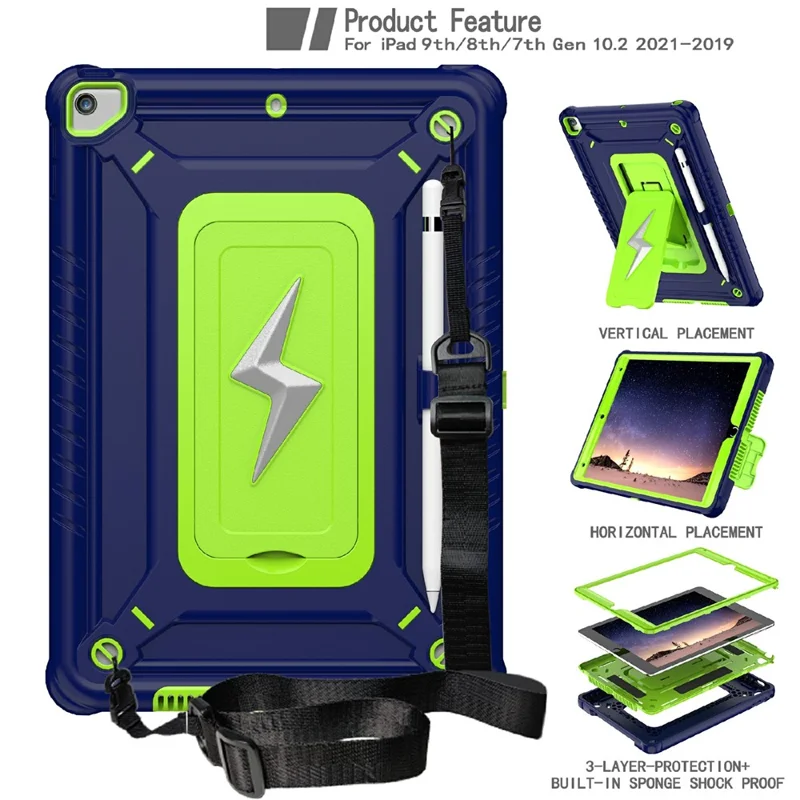 Tablet Case For iPad 10.2 (2021) / (2020) / (2019) / Pro 10.5-inch (2017) Kickstand PC + Silicone Cover with Shoulder Strap - Yellowgreen