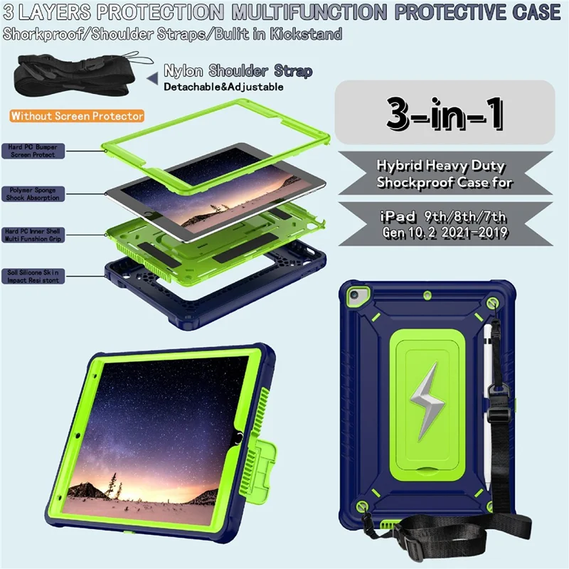 Tablet Case For iPad 10.2 (2021) / (2020) / (2019) / Pro 10.5-inch (2017) Kickstand PC + Silicone Cover with Shoulder Strap - Yellowgreen