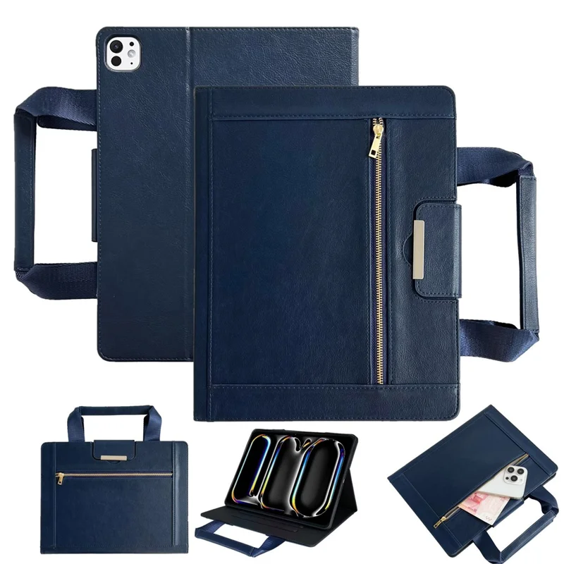 Tablet Case for iPad Pro 11 (2024) Auto Wake  /  Sleep Leather Cover with Handle  /  Zipper Pouch - Sapphire