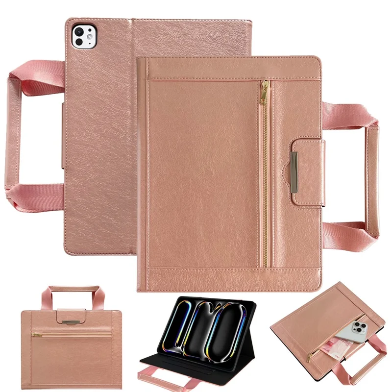 Tablet Case for iPad Pro 11 (2025) / 11 (2024) Auto Wake / Sleep Leather Cover with Handle / Zipper Pouch - Rose Gold