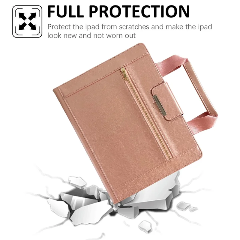 Tablet Case for iPad Pro 11 (2025) / 11 (2024) Auto Wake / Sleep Leather Cover with Handle / Zipper Pouch - Rose Gold