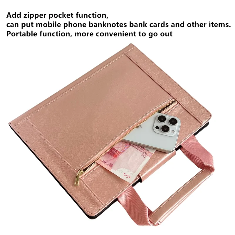 Tablet Case for iPad Pro 11 (2025) / 11 (2024) Auto Wake / Sleep Leather Cover with Handle / Zipper Pouch - Rose Gold