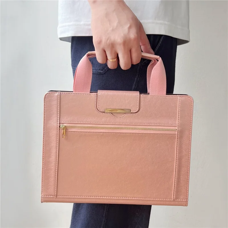 Tablet Case for iPad Pro 11 (2025) / 11 (2024) Auto Wake / Sleep Leather Cover with Handle / Zipper Pouch - Rose Gold