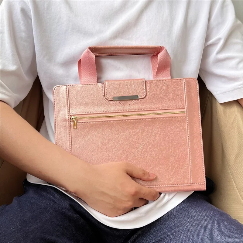 Tablet Case for iPad Pro 11 (2025) / 11 (2024) Auto Wake / Sleep Leather Cover with Handle / Zipper Pouch - Rose Gold