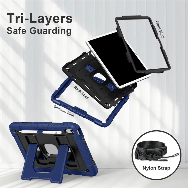 Cover per iPad (2025) / iPad 10.9 (2022) con Supporto e Cinturino Antiurto in PC + Silicone - Blu Navy / Nero