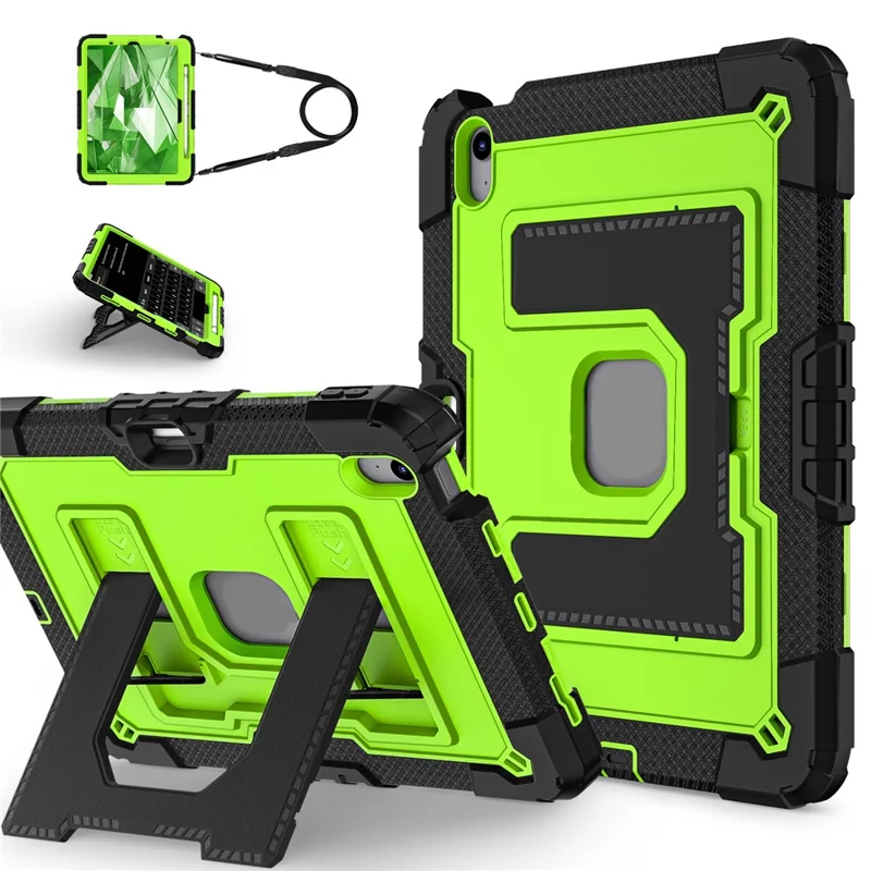 Tablet Case for iPad Air 11 (2025) / (2024) / iPad Air (2022) / (2020) Anti Drop PC + Silicone Cover with Kickstand Strap - Black / Yellowgreen