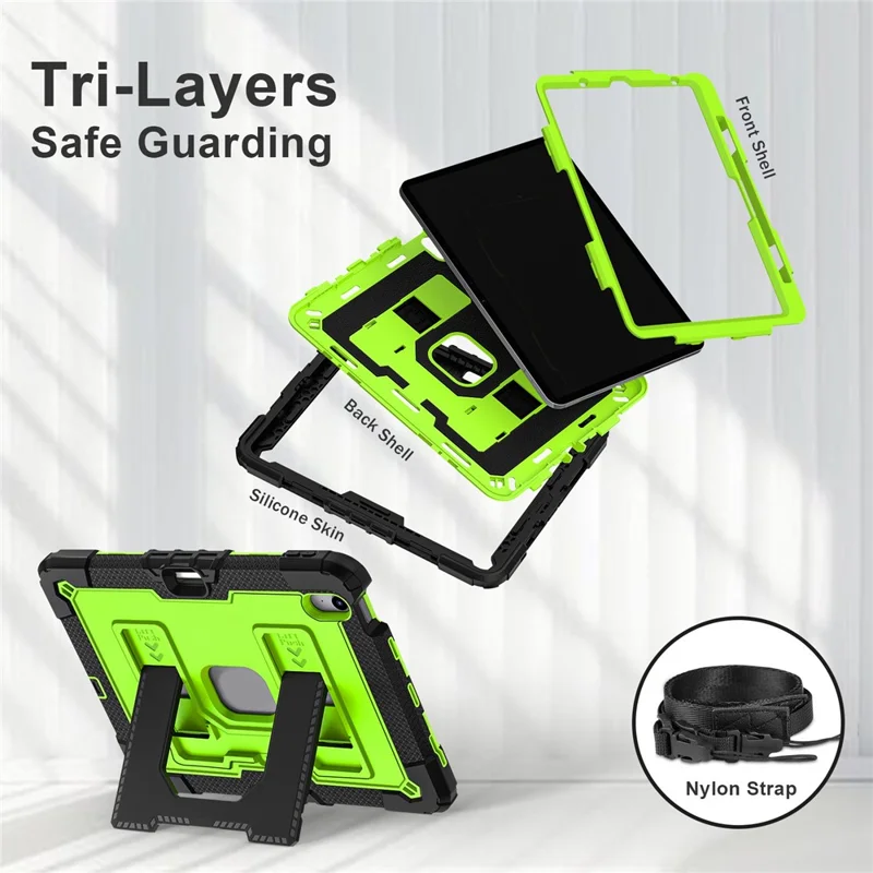 Tablet Case for iPad Air 11 (2025) / (2024) / iPad Air (2022) / (2020) Anti Drop PC + Silicone Cover with Kickstand Strap - Black / Yellowgreen