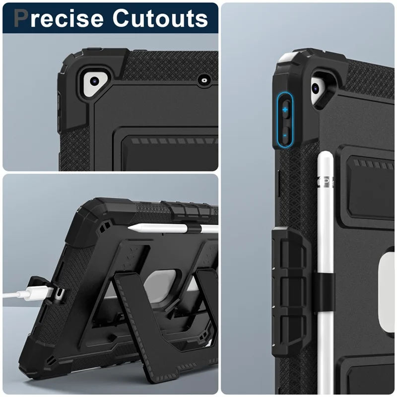 For iPad 10.2 (2021) / (2019) / (2020) Case with Kickstand Strap Anti Drop PC + Silicone Tablet Cover - Black / Black