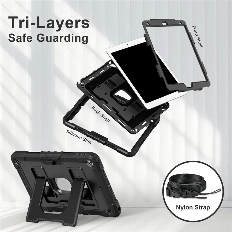 For iPad 10.2 (2021) / (2019) / (2020) Case with Kickstand Strap Anti Drop PC + Silicone Tablet Cover - Black / Black