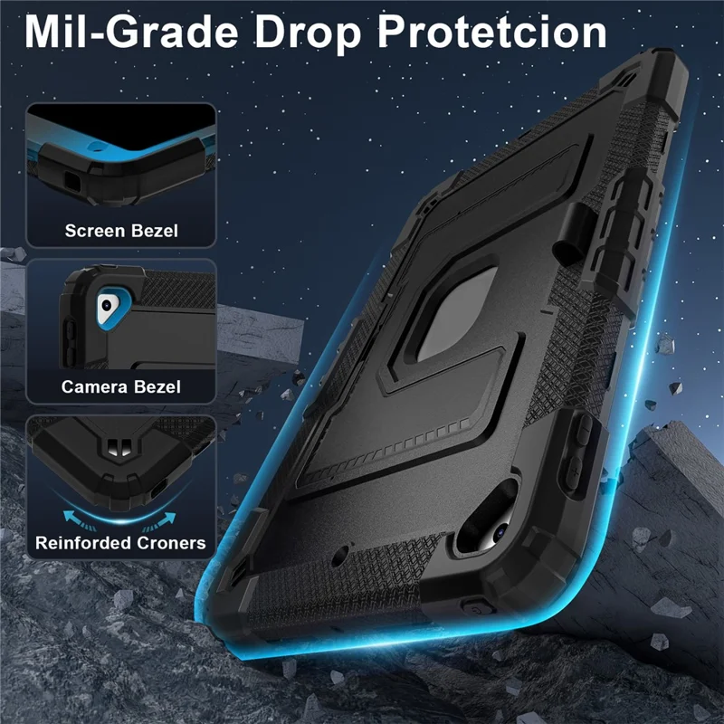 For iPad 10.2 (2021) / (2019) / (2020) Case with Kickstand Strap Anti Drop PC + Silicone Tablet Cover - Black / Black