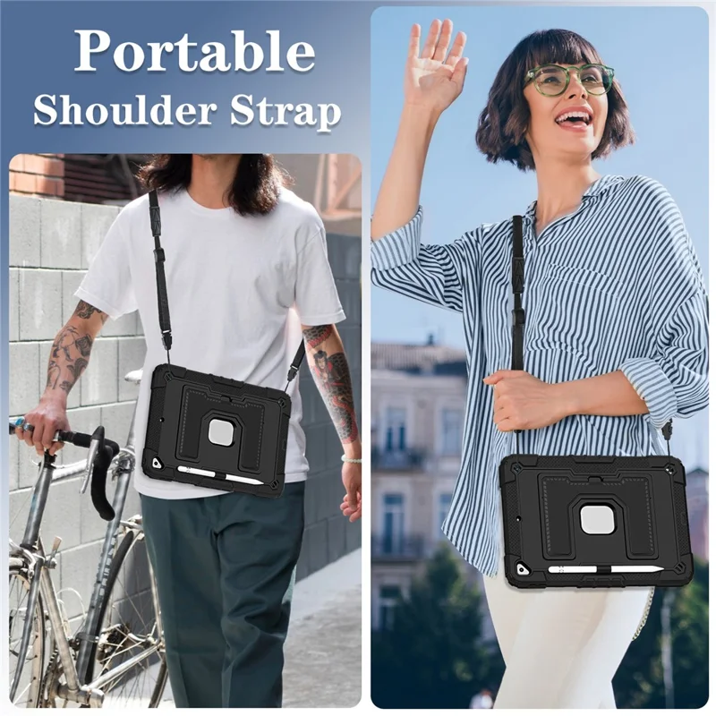 For iPad 10.2 (2021) / (2019) / (2020) Case with Kickstand Strap Anti Drop PC + Silicone Tablet Cover - Black / Black