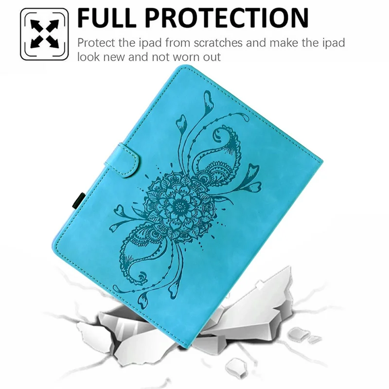 For iPad (2025) / 10.9 (2022) Case Mandala Imprinted Leather Tablet Cover with Card Slots - Sky Blue