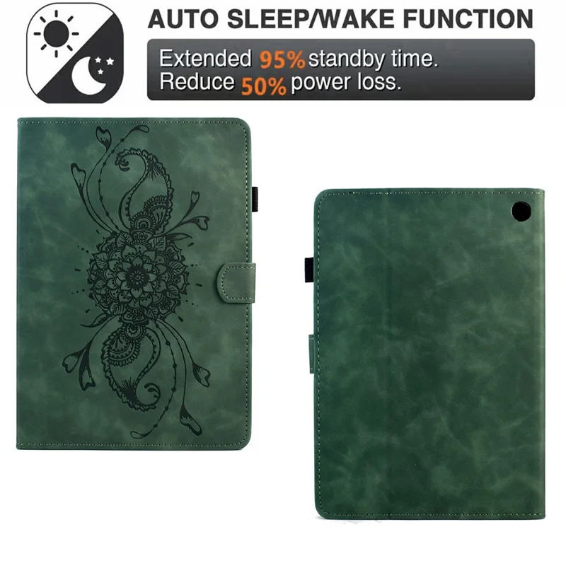 For Amazon Fire 7 (2022) Case Mandala Imprinted Leather Tablet Cover with Card Slots - Green