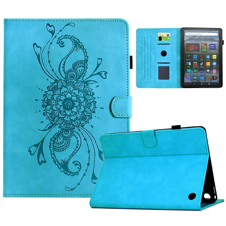 Étui pour Amazon Fire HD 8 (2022) / (2020) avec Motif Mandala Imprimé en Cuir et Emplacements pour Cartes - Bleu Ciel