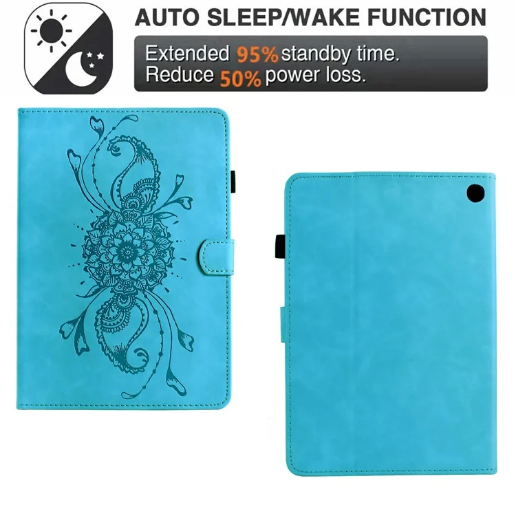 Étui pour Amazon Fire HD 8 (2022) / (2020) avec Motif Mandala Imprimé en Cuir et Emplacements pour Cartes - Bleu Ciel
