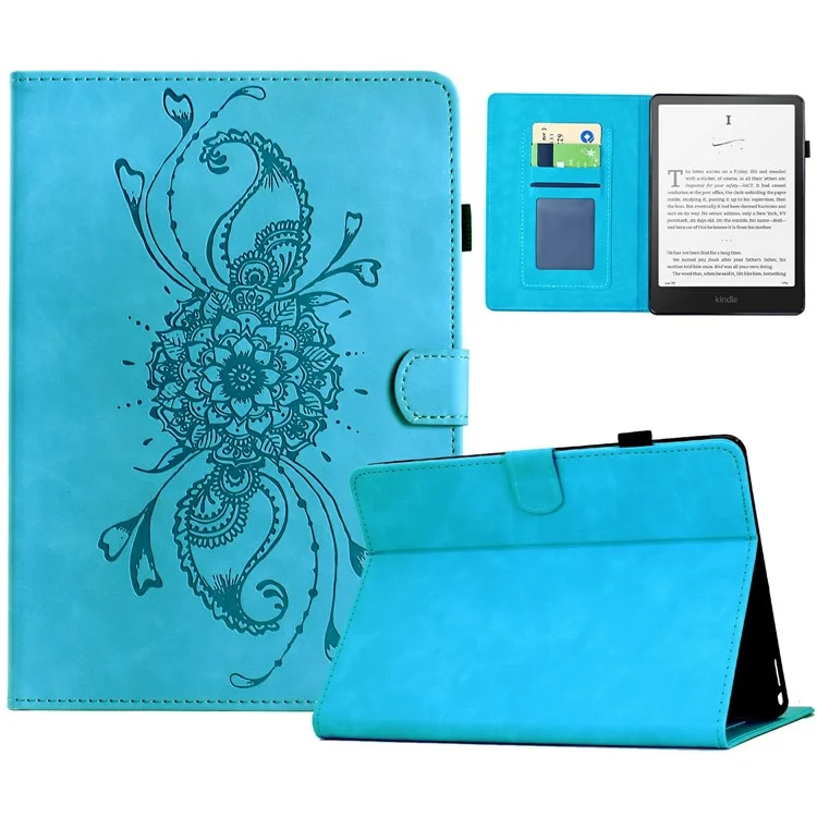 Étui pour Amazon Kindle Paperwhite 6 (2024) Motif Mandala en Cuir avec Emplacements pour Cartes - Bleu Ciel