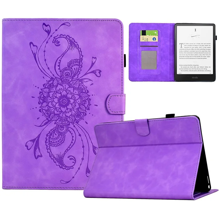 For Amazon Kindle Paperwhite 6 (2024) Case Mandala Imprinted Leather Tablet Cover with Card Slots - Light Purple