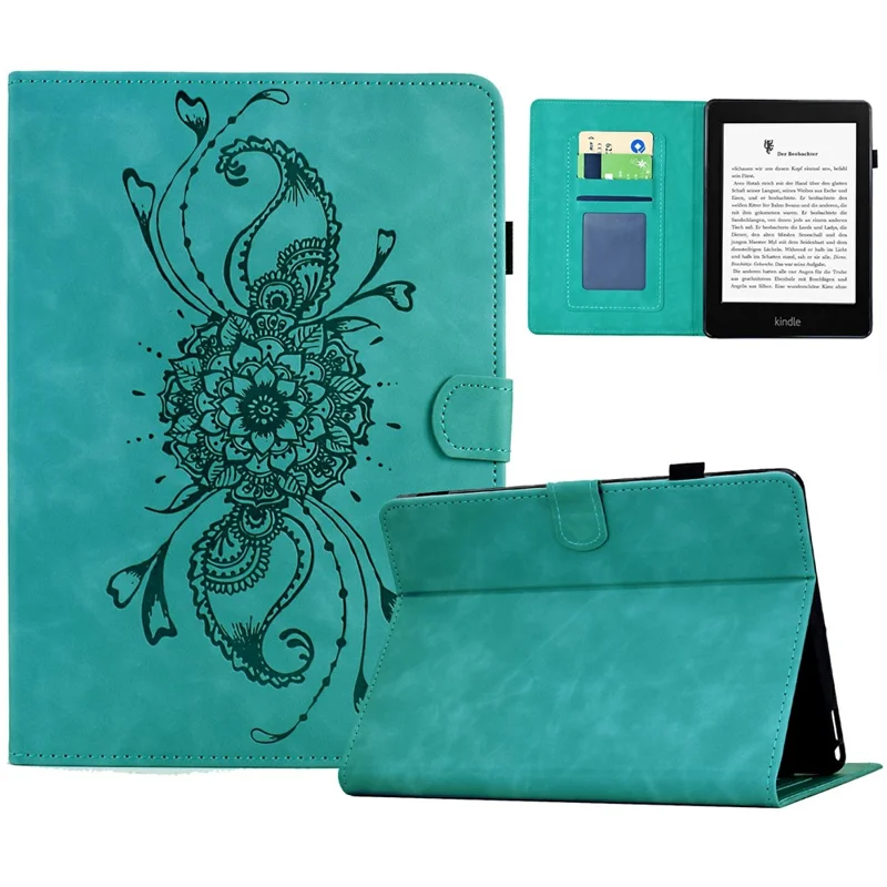 For Amazon Kindle Paperwhite 5 (2021) Case Mandala Imprinted Leather Tablet Cover with Card Slots - Baby Blue