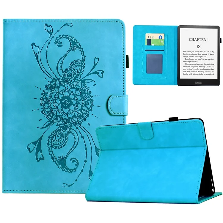 Étui en cuir pour Amazon Kindle Paperwhite 4 (2018) / 3 (2015) / 2 (2015) / Paperwhite (2015) Motif Mandala avec Emplacements pour Cartes - Bleu Ciel