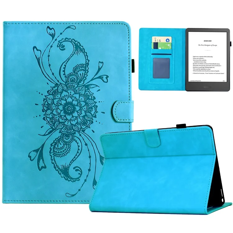 Étui pour Amazon Kindle 6" (2024) / (2022) avec Motif Mandala Imprimé, Couverture en Cuir avec Emplacements pour Cartes - Bleu Ciel