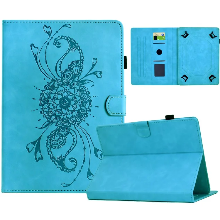 Funda Universal para Tablet de 8 pulgadas con Diseño de Mandala en Cuero con Ranuras para Tarjetas - Azul Cielo