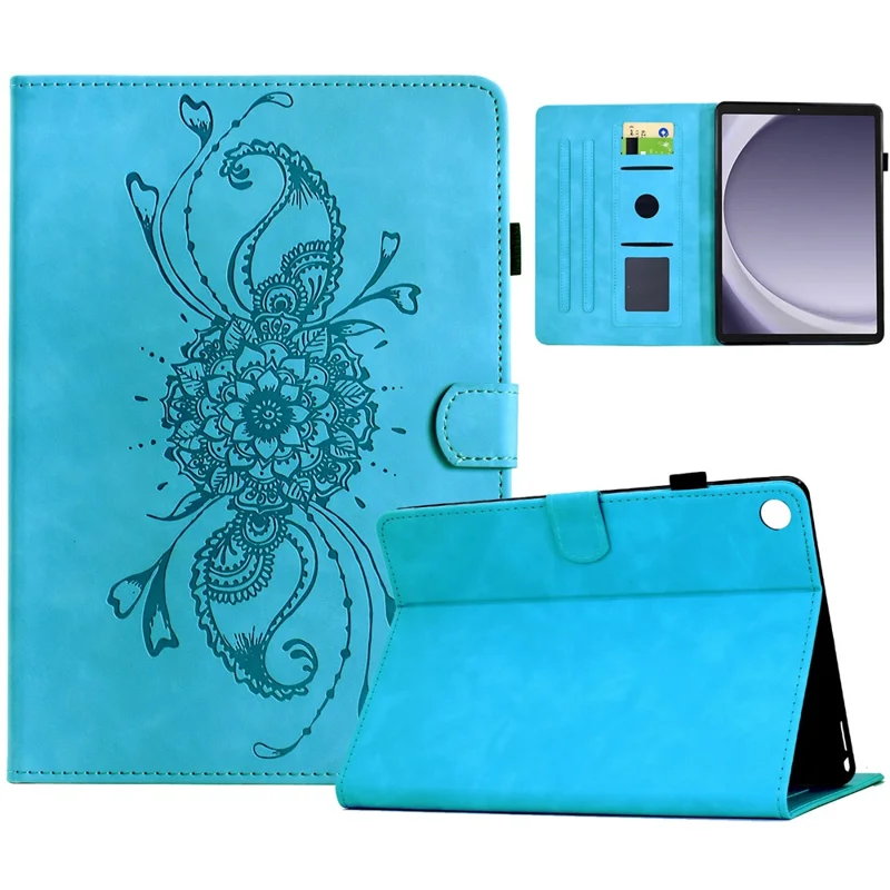 For Samsung Galaxy Tab A9 Case Mandala Imprinted Leather Tablet Cover with Card Slots - Sky Blue