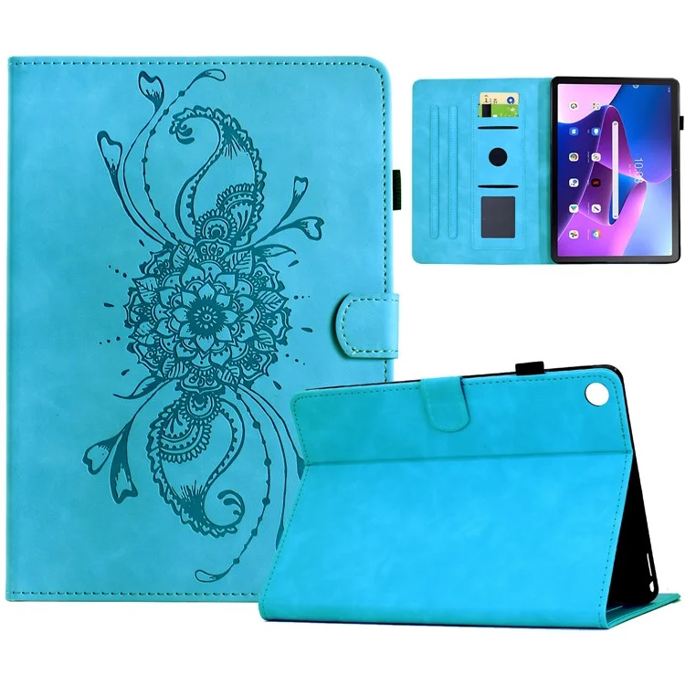 Étui pour Lenovo Tab M10 Plus (3e Génération) Mandala en Cuir Imprimé avec Emplacements pour Cartes - Bleu Ciel
