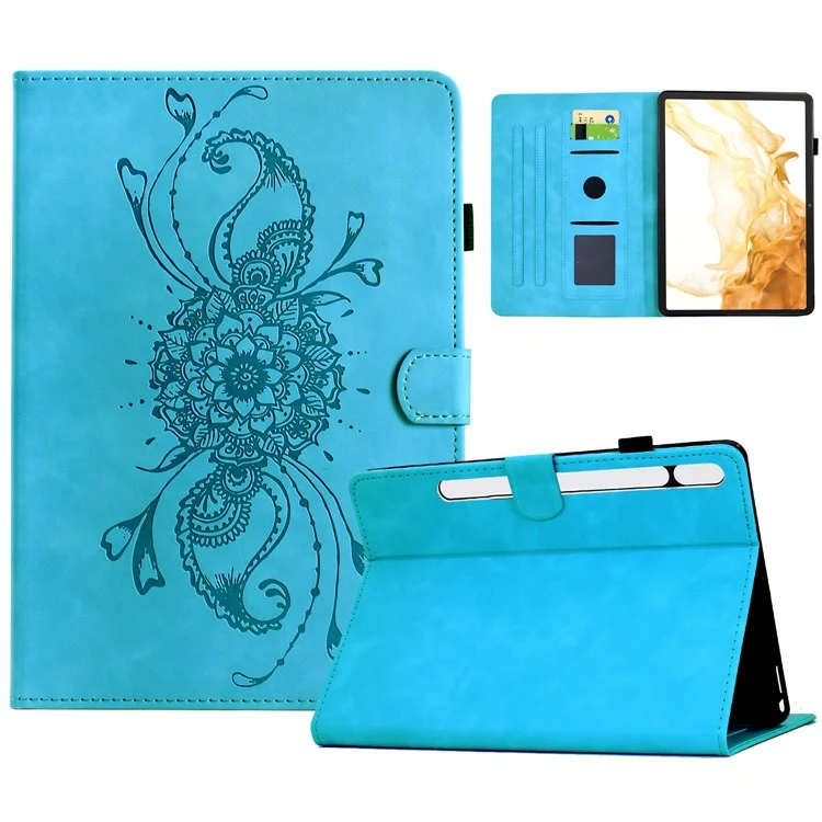 Funda para Samsung Galaxy Tab S8 X700 X706 / Tab S7 T870 T875 con Mandala Impreso en Cuero con Ranuras para Tarjetas - Azul Cielo