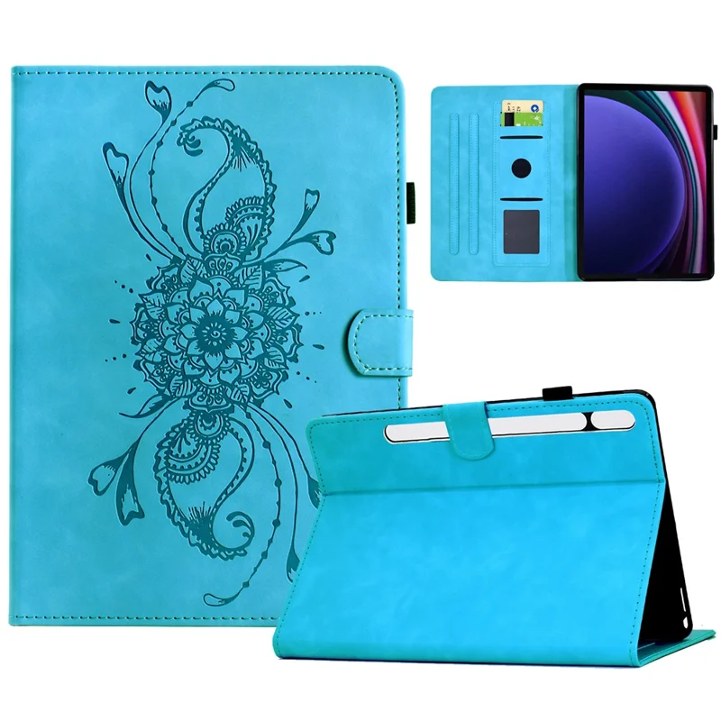 For Samsung Galaxy Tab S9 / Tab S9 FE Case Mandala Imprinted Leather Tablet Cover with Card Slots - Sky Blue
