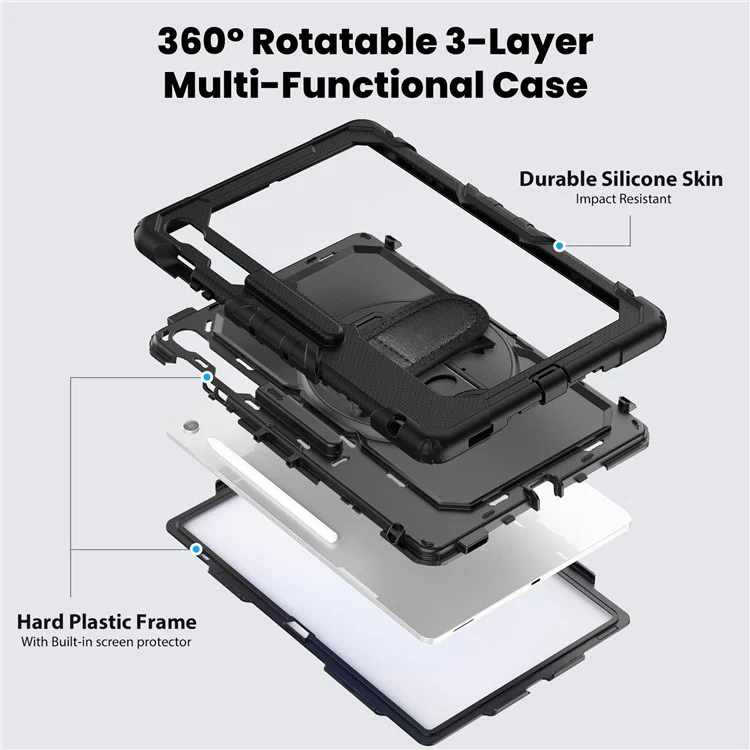 Étui pour Samsung Galaxy Tab S10 FE+ SM-X620 / X626B PC + Silicone avec Film Anti-Rayures PET et Bandoulière - Noir