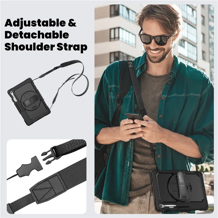 Étui pour Samsung Galaxy Tab S10 FE+ SM-X620 / X626B PC + Silicone avec Film Anti-Rayures PET et Bandoulière - Noir