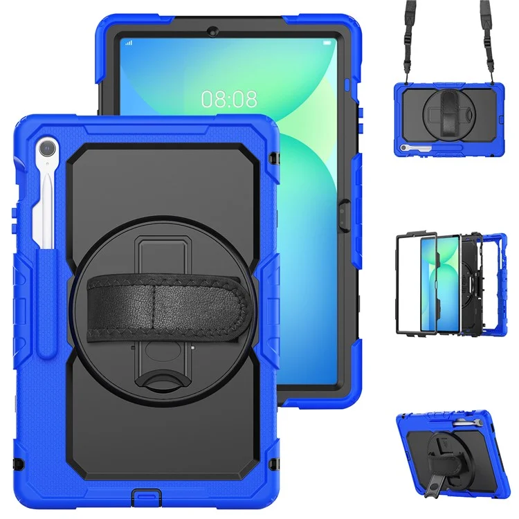 Funda para Samsung Galaxy Tab S10 FE+ SM-X620 / X626B de PC + Silicona con Película Protectora Antiarañazos y Correa para el Hombro - Azul Oscuro