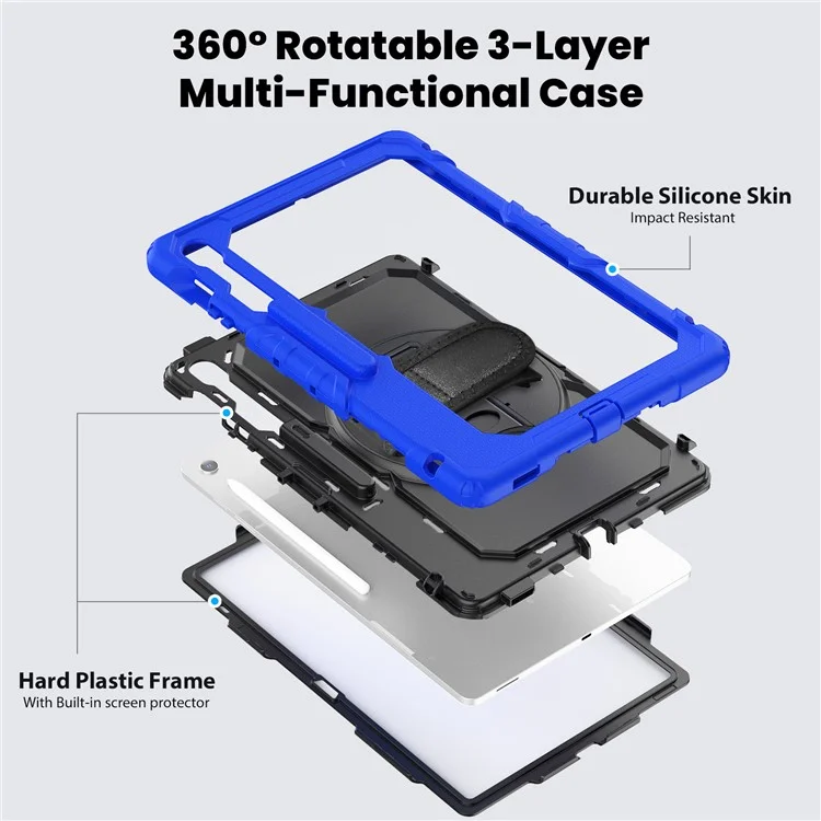 Funda para Samsung Galaxy Tab S10 FE+ SM-X620 / X626B de PC + Silicona con Película Protectora Antiarañazos y Correa para el Hombro - Azul Oscuro