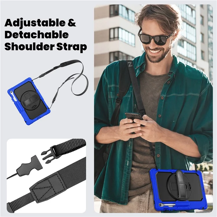 Funda para Samsung Galaxy Tab S10 FE+ SM-X620 / X626B de PC + Silicona con Película Protectora Antiarañazos y Correa para el Hombro - Azul Oscuro