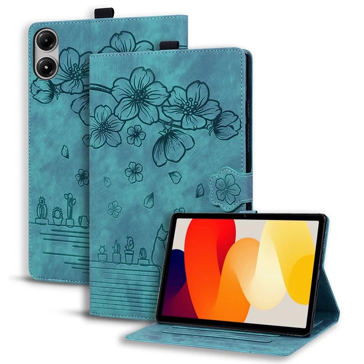 For Xiaomi Redmi Pad SE Case Flip Stand Leather Phone Cover Cherry Blossom Cat Imprinted - Green