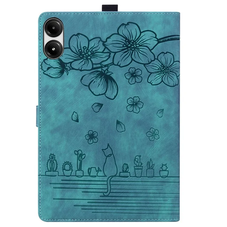 For Xiaomi Redmi Pad SE Case Flip Stand Leather Phone Cover Cherry Blossom Cat Imprinted - Green